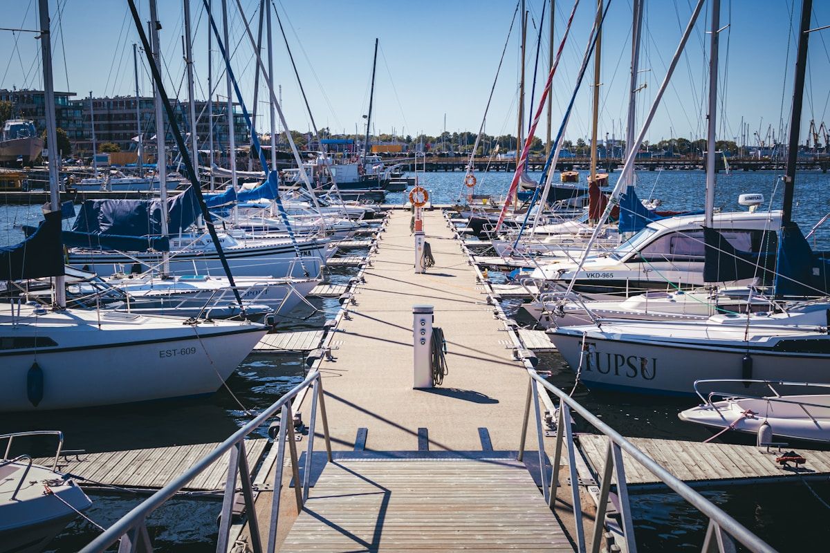 Sailboats lining a marina dock in the morning